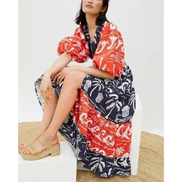 Anthropologie Place Nationale Linen Puff Sleeve Printed Midi Dress Red Small - Picture 1 of 16